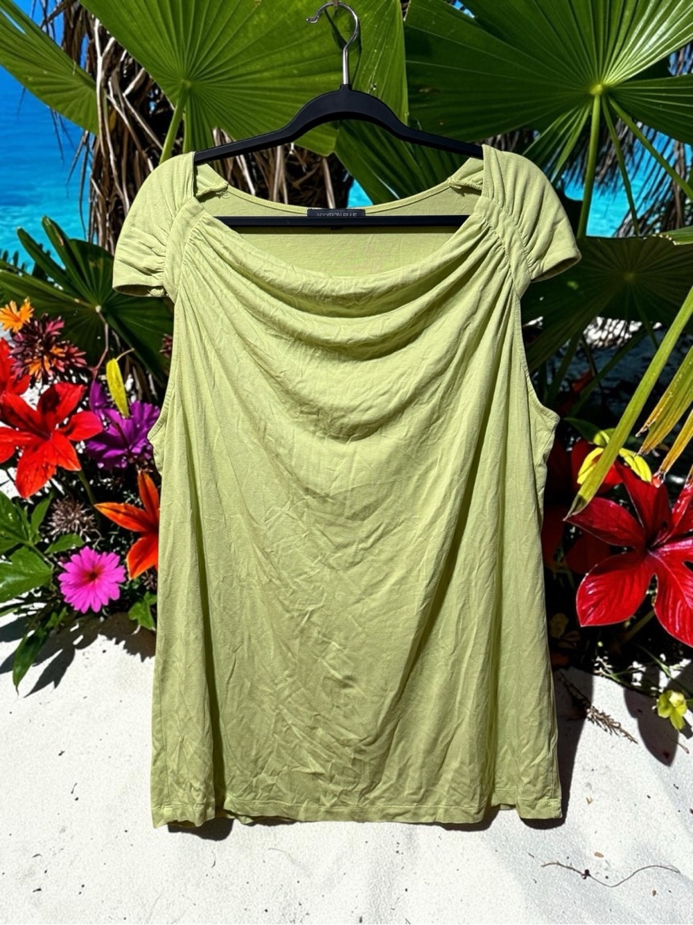 Addition Elle Yellow Green Draped Neck Sleeveless Tank Top